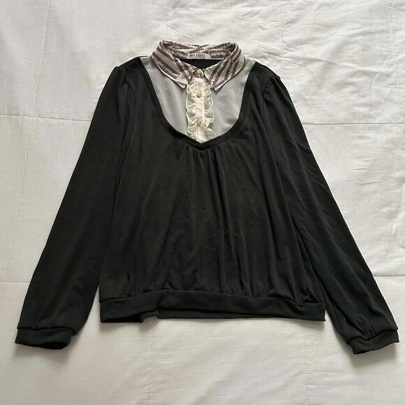Axes Femme emerald green and white blouse with music note printed collar - Picture 1 of 6